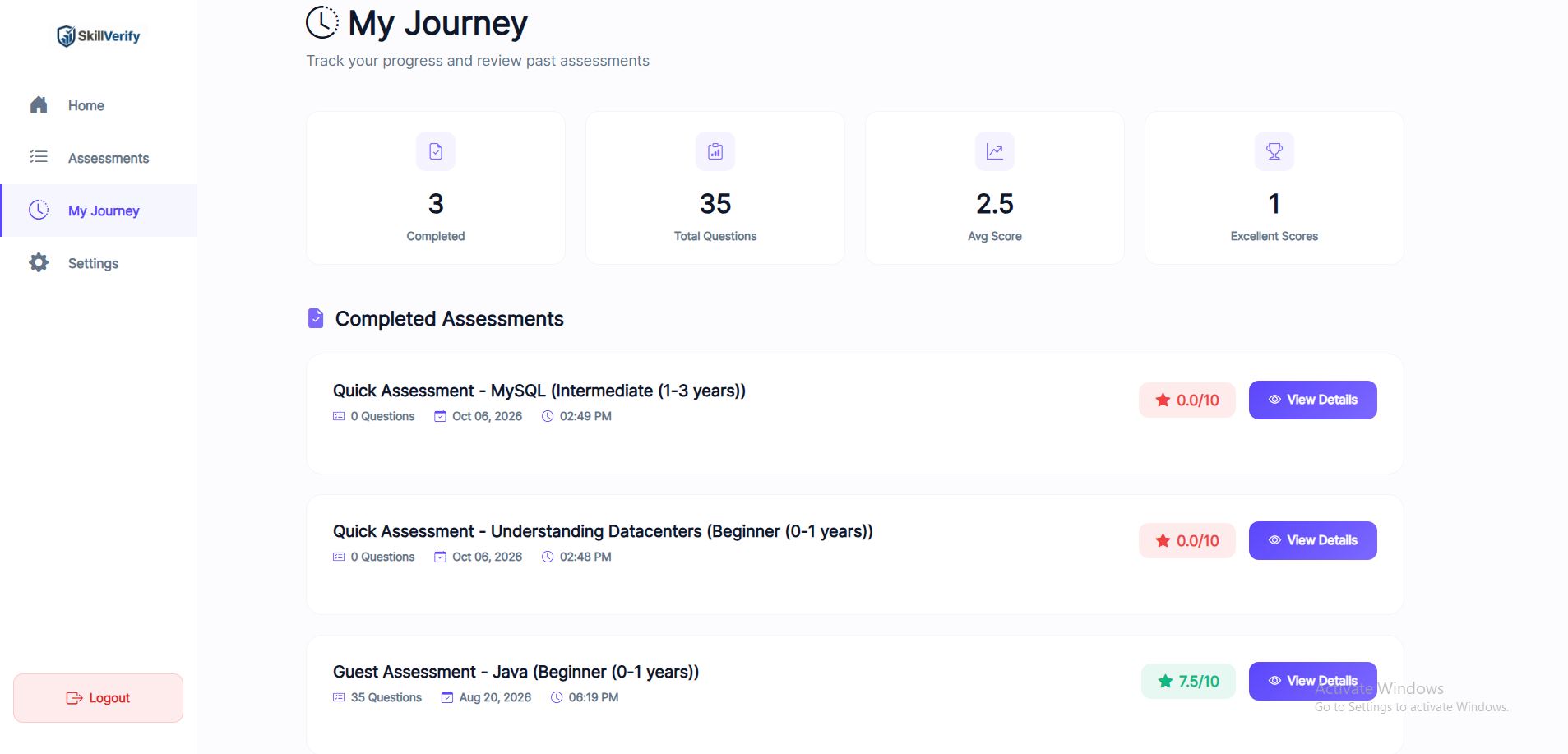 SkillVerify assessment results and skill review dashboard